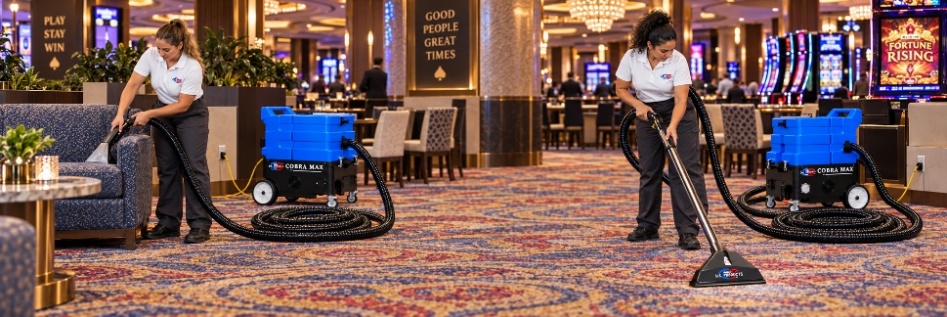 Two technicians clean upholstered seating and patterned carpet with portable extractors in a casino.